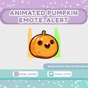 May include: Animated pumpkin emote alert in various sizes, including 28x28, 56x56, 112x112, and 500x500 pixels. The pumpkin is orange with a happy face and a green stem. The emote is available on social media platforms like Twitter and Instagram.