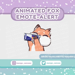 May include: Animated fox emote alert in various sizes, including 28x28, 56x56, 112x112, and 500x500 pixels. The fox is orange and white, with a red and blue can in its paw. The fox is looking at the can.