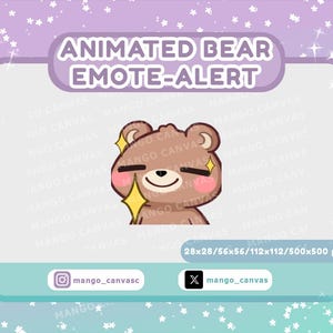 Può includere: Grafica animata di avviso emote orso con un orso marrone sorridente, guance rosee ed effetti scintillanti. Il design include il testo "ANIMATED BEAR EMOTE-ALERT" e i nomi utente dei social media. La grafica è su uno sfondo pastello.