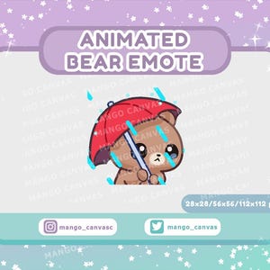 Peut inclure: Émoticône d'ours animé avec un parapluie rouge et des gouttes de pluie bleues. L'ours est brun avec un nez brun clair et des yeux brun clair. L'ours porte une chemise brun clair. L'émoticône mesure 28x28, 56x56 et 112x112 pixels.