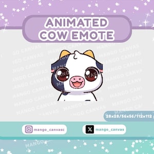 Puede incluir: Un emote de vaca animada con una cara blanca, marcas negras y tostadas y ojos grandes y expresivos. El texto "ANIMATED COW EMOTE" se muestra encima de la vaca. La imagen incluye identificadores de redes sociales y dimensiones de píxeles.