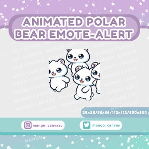 May include: Animated emoji alert featuring four white polar bears with black eyes and pink noses. The bears are in various poses, with one bear standing on its hind legs and the others standing on all fours. The background is a light gray with a white border. The text "ANIMATED POLAR BEAR EMOTE-ALERT" is at the top of the image. The text "28x28/56x56/112x112/500x500 px" is at the bottom of the image.