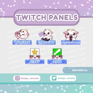 May include: A digital graphic featuring Twitch panels with cartoon cow characters. The panels include "Welcome," "Commands," "Announcements," "Staff," and "Mods." The image has a pastel color scheme with a light purple background and star accents.