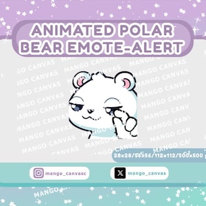 May include: Animated polar bear emote-alert graphic. The white bear has pink inner ears and is making a gesture with its fingers. The text "ANIMATED POLAR BEAR EMOTE-ALERT" is at the top. The image includes social media handles.