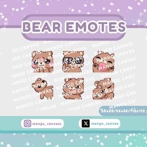 Può includere: Grafica digitale con sei emoticon a forma di orso marrone con varie espressioni, tra cui pianto, occhiali e sorriso. Il testo "BEAR EMOTES" è visualizzato in alto. L'immagine include anche handle di social media e dimensioni in pixel.