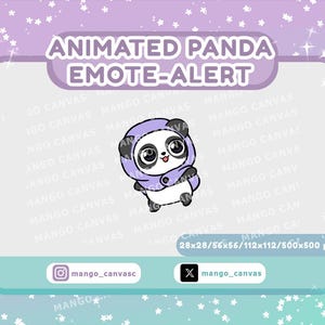May include: An animated panda emote-alert graphic. The panda is wearing a purple hooded outfit. The image includes the text "ANIMATED PANDA EMOTE-ALERT" and social media handles. The background is a gradient of purple and teal.