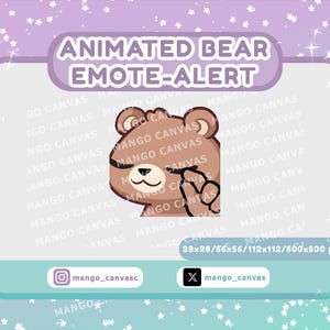 May include: Animated bear emote-alert graphic with a brown bear illustration. The bear is giving a peace sign. The graphic has a purple and teal background with the text "ANIMATED BEAR EMOTE-ALERT". The graphic also includes the text "mango_canvas".