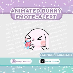 Puede incluir: Gráfico digital con un conejito de dibujos animados con cara rosa, ojos negros y lengua fuera. El texto "ANIMATED BUNNY EMOTE-ALERT" está en la parte superior. La imagen incluye identificadores de redes sociales y dimensiones de píxeles.