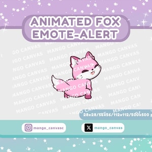 Op de afbeelding: Een digitale afbeelding met een roze vossenkarakter met een witte buik en staartpunt, gelabeld ANIMATED FOX EMOTE-ALERT. De afbeelding bevat de tekst MANGO CANVAS, de afmetingen 28x28/56x56/112x112/500x500 px en social media accounts.