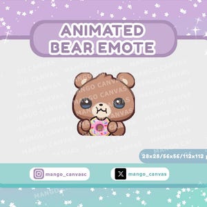 Puede incluir: Ilustración de un emote de oso animado. El oso pardo tiene ojos grandes y sostiene una rosquilla. El texto "ANIMATED BEAR EMOTE" está en la parte superior. La imagen incluye identificadores de redes sociales y dimensiones en píxeles.