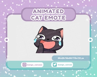 May include: Animated black cat emoji with a wide open mouth and tears streaming down its face. The cat is crying with laughter. The emoji is available in various sizes: 28x28, 56x56, and 112x112 pixels.