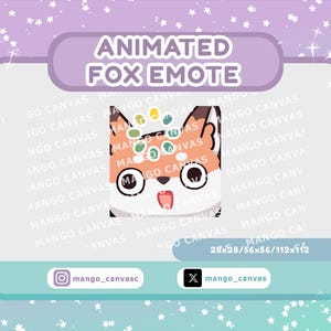May include: An animated fox emote with a surprised expression. The fox is orange, white, and brown, with large eyes and an open mouth. The image includes the text "ANIMATED FOX EMOTE" and social media handles. The image dimensions are 28x28, 56x56, and 112x112 pixels.