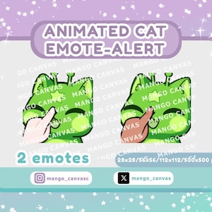 以下が含まれることがあります： 額に星がある緑色の猫のキャラクターを描いた2つのデジタルアニメーション猫エモート。各エモートには、猫の頬をつつく手が描かれています。テキストには「ANIMATED CAT EMOTE-ALERT」、「2 emotes」、「28x28/56x56/112x112/500x500 px」と書かれています。