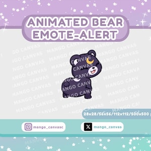 May include: An animated bear emote-alert graphic with a purple and teal background. The bear is dark purple with a crescent moon on its forehead. Text includes "ANIMATED BEAR EMOTE-ALERT" and social media handles.
