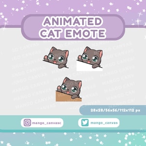 Op de afbeelding: Geanimeerde kat-emote in vier verschillende poses. De kat is grijs met grote blauwe ogen. De kat kijkt over een witte, bruine en grijze achtergrond. De tekst "ANIMATED CAT EMOTE" staat bovenaan de afbeelding. De tekst "28x28/56x56/112x112 px" staat onderaan de afbeelding. De tekst "mango_canvasc" staat in een cirkel met een Instagram-icoon. De tekst "mango_canvas" staat in een cirkel met een Twitter-icoon.