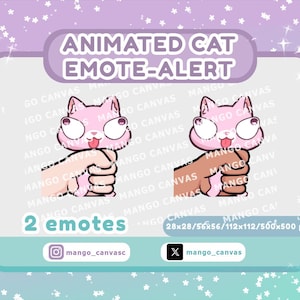 May include: Animated cat emote-alert graphic with two pink cat designs. The cats have wide eyes and are held by a hand. The graphic includes the text "2 emotes" and social media handles. The background is a pastel purple and teal.