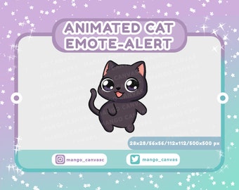 May include: Animated black cat emote alert in various sizes, including 28x28, 56x56, 112x112, and 500x500 pixels. The cat is looking to the right with its mouth open and tongue sticking out. The cat has large, round eyes with white pupils. The cat is standing on all fours with its tail curled up behind it.