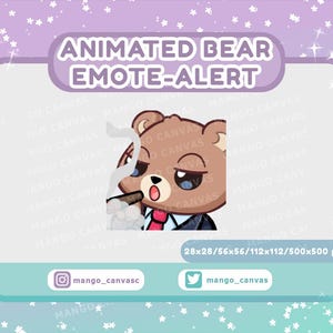 Puede incluir: Emoticono de oso animado con el texto "ANIMATED BEAR EMOTE-ALERT". El oso es marrón con corbata roja y traje, fumando un cigarro. La imagen incluye identificadores de redes sociales y dimensiones en píxeles.