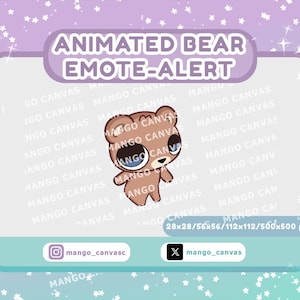 May include: An animated bear emote-alert graphic featuring a light brown bear character with large blue eyes. The graphic includes the text "ANIMATED BEAR EMOTE-ALERT" and social media handles. The background is a gradient of purple and teal.