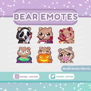 Puede incluir: Gráfico con seis emotes de osos de dibujos animados con disfraces de Halloween. Los osos están disfrazados de asesino, vampiro, diablo, zombi, calabaza y momia. El texto "BEAR EMOTES" está en la parte superior.