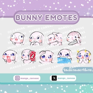 May include: Digital artwork showcasing nine cartoon bunny emotes with different expressions. The bunnies are white with pink details and large blue eyes. The text "BUNNY EMOTES" is at the top. Social media handles are also included in the image.