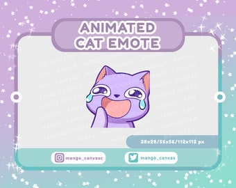 May include: Animated purple cat emote with a surprised expression and tears streaming down its face. The emote is set against a white background with the text "ANIMATED CAT EMOTE" above it and the text "mango_canvas" below it.
