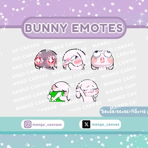 Può includere: Una collezione digitale di cinque emote di coniglietto etichettate BUNNY EMOTES, con varie espressioni tra cui occhi luminosi, arrossire e un coniglietto che tiene una spada verde. La grafica include il testo 28x28/56x56/112x112 px.