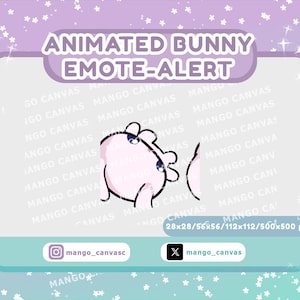 Könnte beinhalten: Digitalgrafik mit einem rosa Hasen-Emote mit blauen Augen und schwarzen Umrissen. Der Text "ANIMATED BUNNY EMOTE-ALERT" wird über dem Hasen angezeigt. Der Hintergrund ist ein Farbverlauf aus Lila und Türkis mit weißen Sternen.