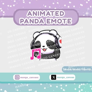 May include: Animated panda emote wearing headphones and holding a musical note. The panda is black and white with a pink tongue. The image includes the text "ANIMATED PANDA EMOTE" and social media handles.