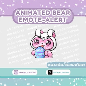 May include: A pink animated bear emote-alert with a bunny ear hat, holding a blue and purple egg. The image includes the text "ANIMATED BEAR EMOTE-ALERT" and social media handles. The image dimensions are 28x28/56x56/112x112/500x500 px.