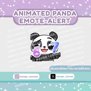 May include: Animated panda emote-alert graphic with a sad expression, holding a number 6 and 7. The design includes a purple and teal background with the text "ANIMATED PANDA EMOTE-ALERT". Includes social media handles.