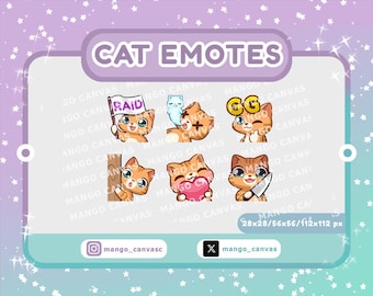 May include: A collection of six cartoon cat emotes with various expressions, including holding a sign that says "RAID", a bandage, and a knife. The text "CAT EMOTES" is at the top. The image also includes social media handles and pixel dimensions.