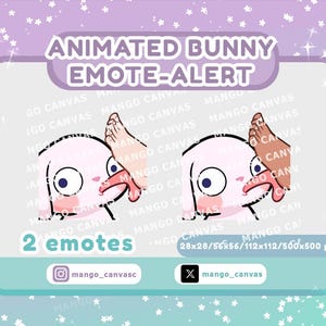 May include: Two animated bunny emotes featuring a white rabbit with large eyes and pink cheeks being poked by a finger. The graphic includes the text ANIMATED BUNNY EMOTE-ALERT, 2 emotes, and social media handles for mango_canvasc and mango_canvas.