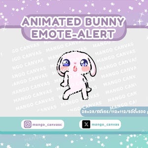 May include: An animated bunny emote-alert graphic featuring a light pink cartoon rabbit with large blue eyes and a tongue sticking out. The text reads ANIMATED BUNNY EMOTE-ALERT, 28x28/56x56/112x112/500x500 px, mango_canvasc, and mango_canvas.