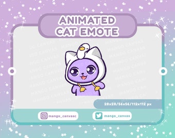 May include: Animated purple cat emote with a white hooded hat and a small yellow bird on top. The cat is wearing a purple collar with a yellow star charm. The emote is set against a background of white stars on a gradient of purple and blue.