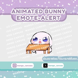 Może przedstawiać: Animowana grafika powiadomienia o emotikonach z królikiem, z białym królikiem patrzącym na mały drewniany stół. Tekst "ANIMATED BUNNY EMOTE-ALERT" znajduje się na górze. Grafika jest osadzona na pastelowym tle z tekstem "MANGO CANVAS".