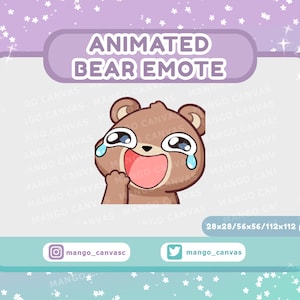 Puede incluir: Emoji de oso animado con pelaje marrón, ojos grandes y una boca muy abierta. El oso está llorando lágrimas de alegría. El emoji está sobre un fondo blanco con el texto "ANIMATED BEAR EMOTE" arriba y "28x28/56x56/112x112 px" abajo.
