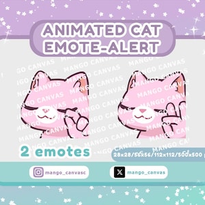 Puede incluir: Gráfico digital con dos emotes de gato rosa haciendo un gesto con la mano. El texto "ANIMATED CAT EMOTE-ALERT" está en la parte superior, con "2 emotes" en la parte inferior. La imagen incluye identificadores de redes sociales y dimensiones en píxeles.