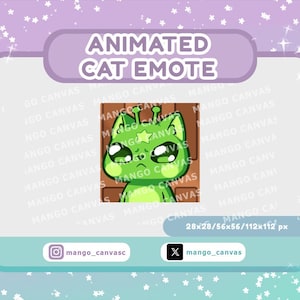 以下が含まれることがあります： 緑色の宇宙人風デザインの、アニメーション化された猫の絵文字。大きな目と額の星が特徴です。「ANIMATED CAT EMOTE」の文字が画像の上に表示され、下にソーシャルメディアのハンドルネームがあります。