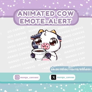 Pode incluir: Um gráfico digital com uma vaca de desenho animado segurando uma caneca branca com líquido escuro. O texto diz ANIMATED COW EMOTE-ALERT, 28x28/56x56/112x112/500x500 px, mango_canvasc e mango_canvas. O fundo é um gradiente roxo e turquesa.
