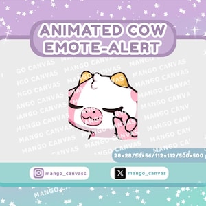 Può includere: Grafica animata di avviso emote-alert di una mucca rosa e bianca che fa il segno della pace. La grafica include il testo "ANIMATED COW EMOTE-ALERT" e i nomi utente dei social media.