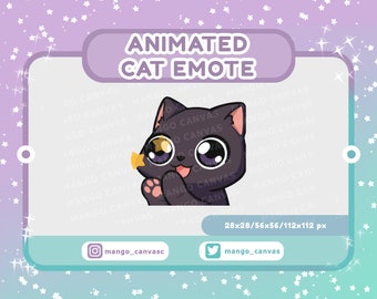 May include: Animated black cat emote with big eyes and a pink nose, looking to the right and sticking out its tongue. The cat is holding a yellow fish in its paw. The emote is available in 28x28, 56x56, and 112x112 pixel sizes.