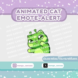 May include: An animated green cat emote-alert graphic featuring a cartoon cat with large eyes, a star on its forehead, and antennae. The image includes the text ANIMATED CAT EMOTE-ALERT, 28x28/56x56/112x112/500x500 px, mango_canvasc, and mango_canvas.
