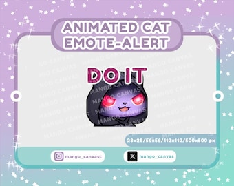 May include: Animated cat emote-alert graphic with a purple cat wearing a black hood and red glowing eyes. The word "DO IT" is displayed above the cat. The image is set against a pastel background with stars and the text "mango_canvas".