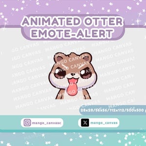 May include: An animated otter emote alert featuring a brown and white cartoon otter with a playful expression, tongue sticking out, and angry eyebrows. The graphic includes the text ANIMATED OTTER EMOTE-ALERT and dimensions 28x28/56x56/112x112/500x500 px.