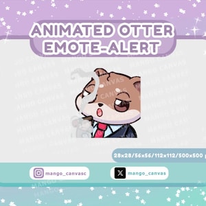 Peut inclure: Alerte émoticône de loutre animée avec une loutre brune portant un costume bleu et une cravate rouge, fumant une cigarette. La loutre a une expression surprise, la bouche ouverte et les yeux écarquillés. L'image est carrée avec un fond blanc et le texte "28x28/56x56/112x112/500x500 px" en bas.