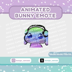 Puede incluir: Un emote de conejito animado con un esquema de color degradado, con auriculares. El texto "ANIMATED BUNNY EMOTE" se muestra encima del conejito. También son visibles los identificadores de redes sociales y las dimensiones en píxeles.