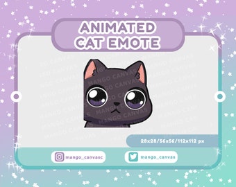May include: An animated cat emote with a black body, large purple eyes, and pink inner ears. The text "ANIMATED CAT EMOTE" is displayed above the cat. The image includes social media handles and pixel dimensions.