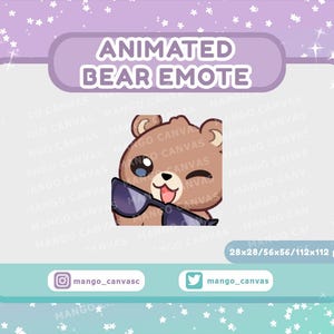 Può includere: Emote di orso animato con occhiali da sole, che fa l'occhiolino e sorride. Il testo "ANIMATED BEAR EMOTE" è visualizzato sopra l'orso. L'immagine include maniglie dei social media e dimensioni in pixel.