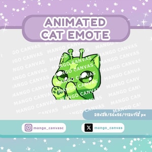 May include: An animated cat emote featuring a bright green feline character with large eyes, a star on its forehead, and a waving paw. The graphic includes the text ANIMATED CAT EMOTE at the top and 28x28/56x56/112x112 px at the bottom right.